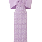Purple Georgy lace bodycon midi dress by 21Six, featuring fitted silhouette and intricate lace details, perfect for elegant occasions.