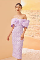 Purple Georgy lace bodycon midi dress by 21Six, fitted design with intricate lace details and sleeveless style.