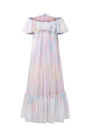 Rainbow Finley shiny silk maxi dress by 21Six, vibrant rainbow-colored flowing silk gown with a fitted bodice and long skirt.