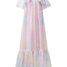 Rainbow Finley shiny silk maxi dress by 21Six, featuring a colorful rainbow pattern and flowing elegant design.