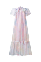 Rainbow Finley shiny silk maxi dress by 21Six, featuring a colorful rainbow pattern and flowing elegant design.