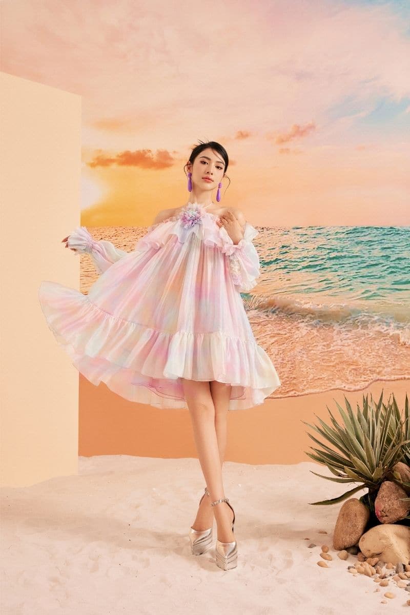 RAINBOW SOPHIE SHINY SILK OFF SHOULDER MINI DRESS | 21Six | CULT MIA