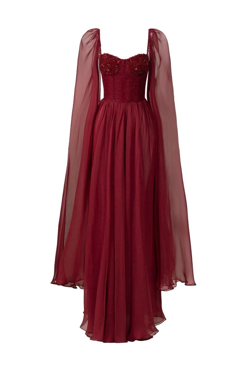 RED ESTHER SILK CAPE MAXI DRESS | 21Six | CULT MIA