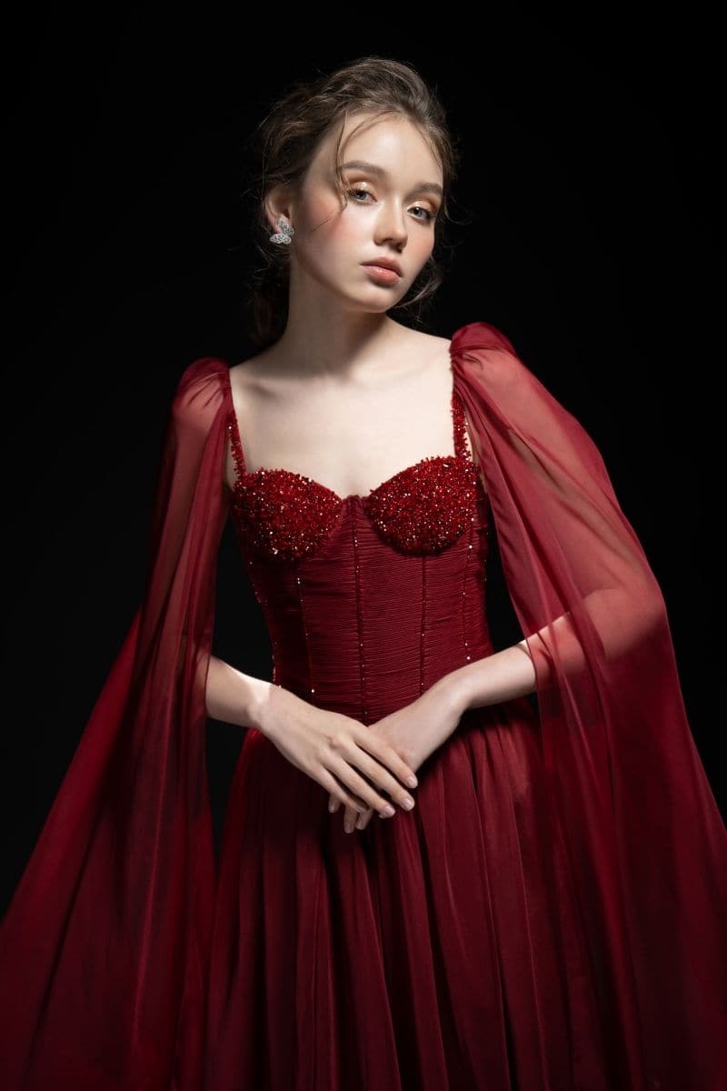 cape maxi dress 21Six RED ESTHER SILK CAPE MAXI DRESS
