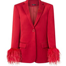 Red Kelly Taffeta Feather Suit Jacket by 21Six, shown in XS size with feather details and sleek tailored design.