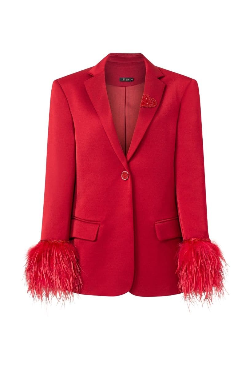 RED KELLY TAFFETA FEATHER SUIT JACKET | 21Six | CULT MIA