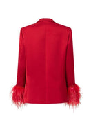 Red Kelly Taffeta Feather Suit Jacket from 21Six, styled with feather details and tailored fit, shown on a model.