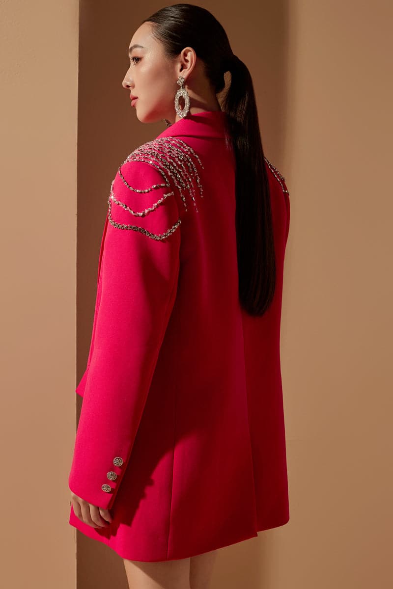 STEPHANIE PINK TEXTURE STRAIGHT CRYSTAL BLAZER SET | 21Six | CULT MIA