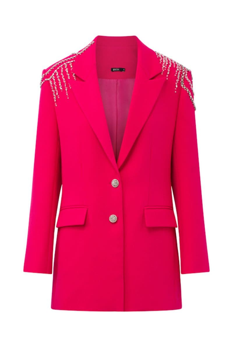 STEPHANIE PINK TEXTURE STRAIGHT CRYSTAL BLAZER SET | 21Six | CULT MIA