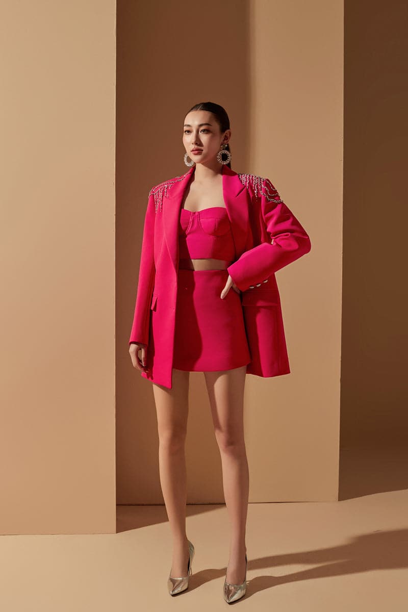 STEPHANIE PINK TEXTURE STRAIGHT CRYSTAL BLAZER SET | 21Six | CULT MIA