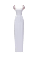21Six Veri Peri Cara silk satin gown featuring an elegant maxi design with attached fabric, perfect for special occasions.