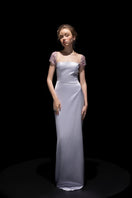 21Six Veri Peri Cara silk satin gown with attached maxi dress, featuring a flowing silhouette and elegant design.