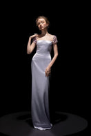 21Six Veri Peri Cara silk satin gown with attached maxi dress, featuring a flowing design and elegant silhouette.