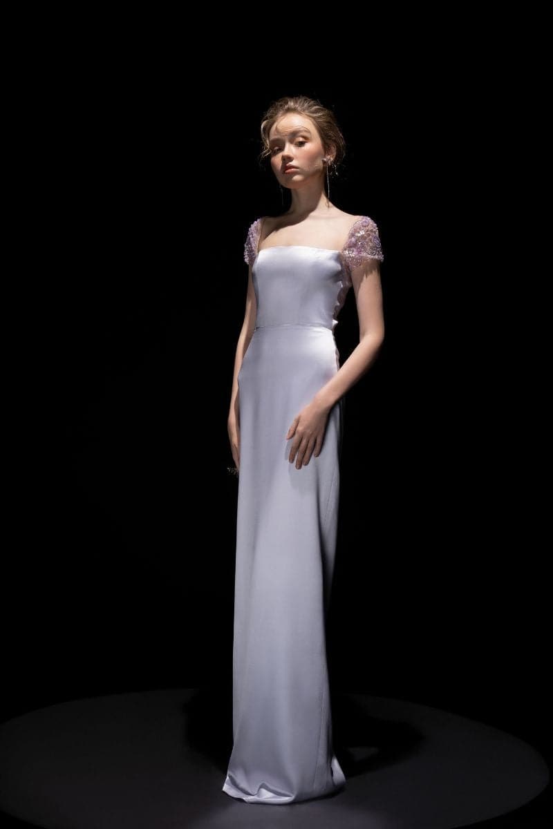 21Six Veri Peri Cara silk satin gown featuring a flowing maxi design with attached layers and elegant detailing.