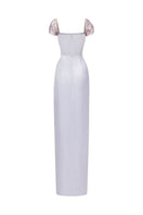 21Six Veri Peri Cara silk satin gown with attached maxi skirt, elegant flowy design, shown in size XS.