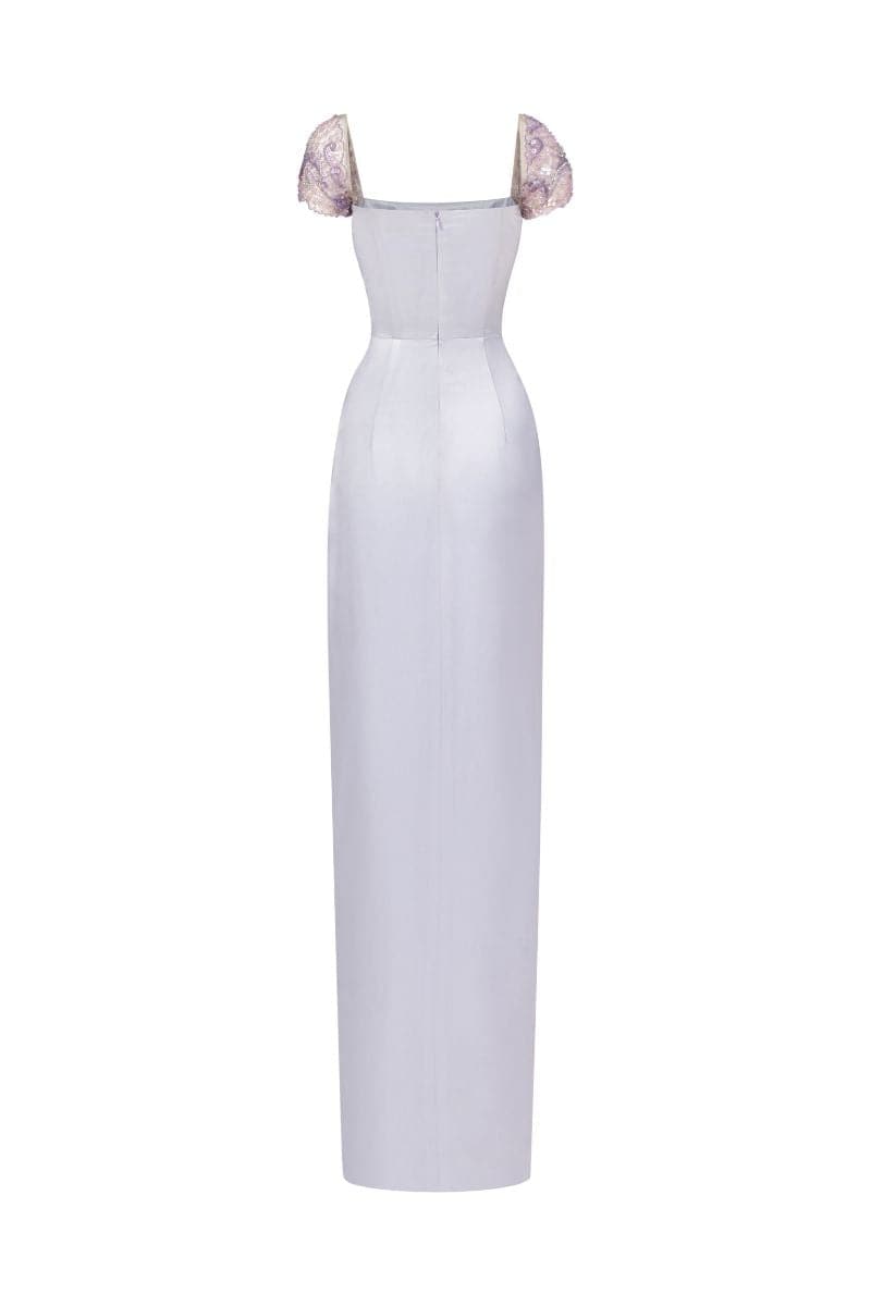 21Six Veri Peri Cara silk satin gown with attached maxi skirt, elegant flowy design, shown in size XS.