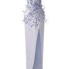 Elegant Veri Peri Connie silk satin gown by 21Six with floral details, flowing maxi design, and a sophisticated silhouette.