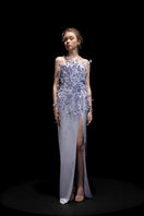 Elegant maxi gown by 21Six featuring silk satin fabric with floral design, in Veri Peri color, designed for formal occasions.