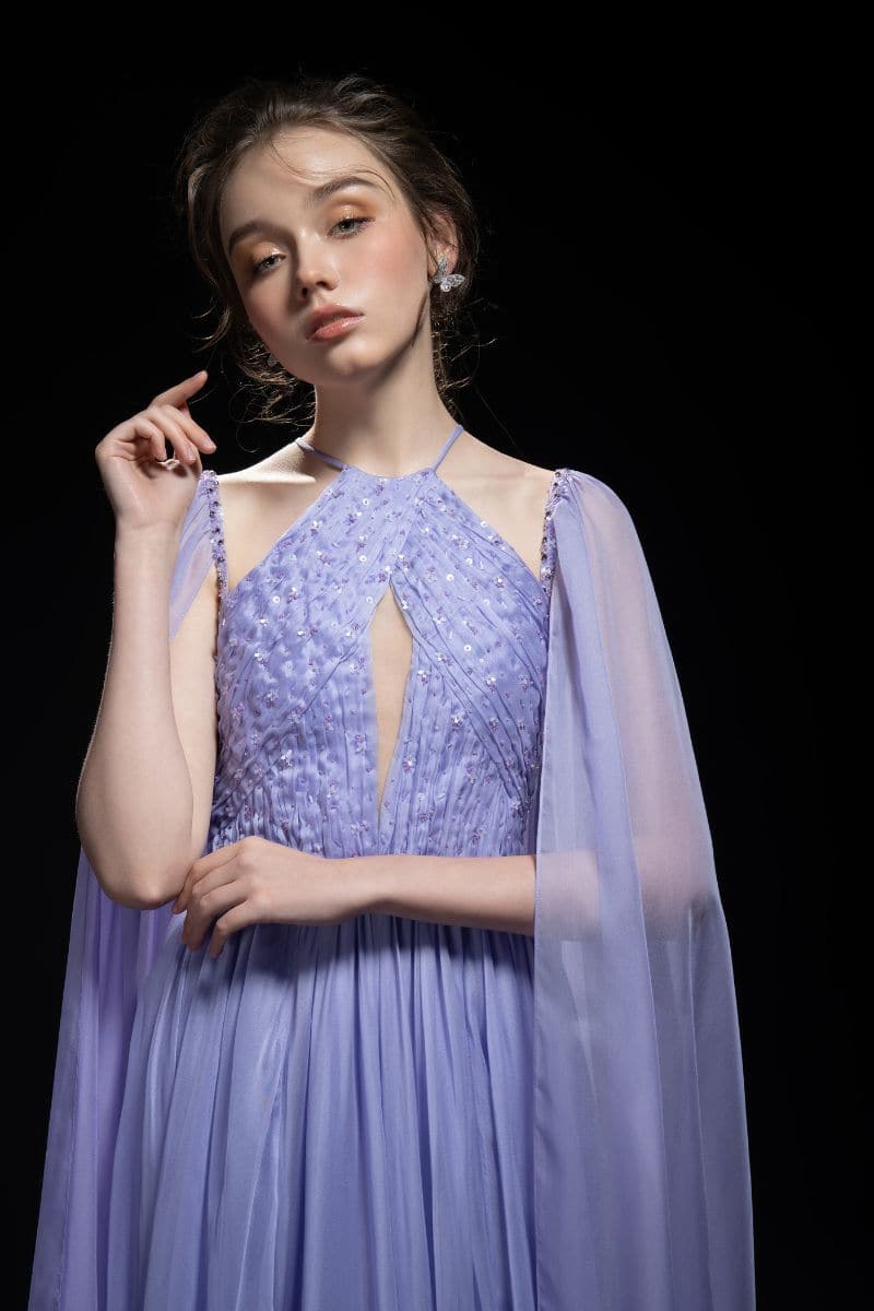21Six Veri Peri Dalia silk cut-out gown, elegant maxi dress with stylish cut-outs, flowing fabric, and vibrant Veri Peri color.