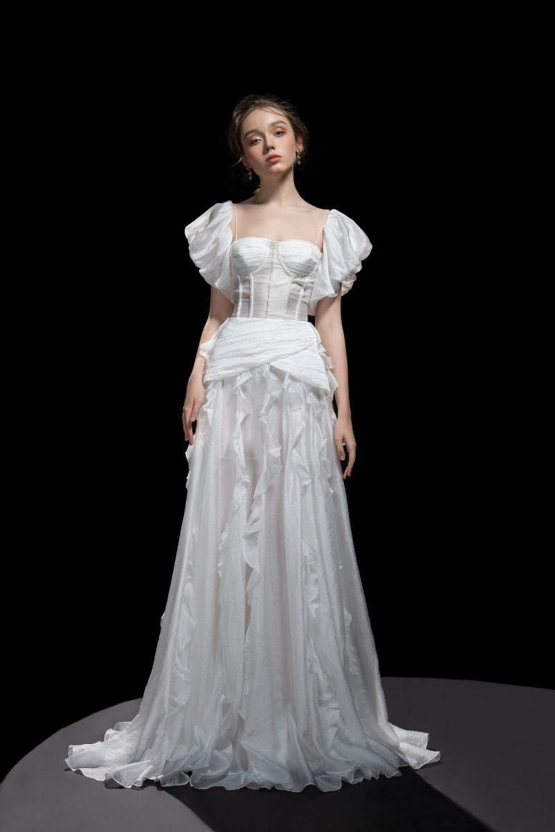 white dress with ruffles Desiree Ruffle Mini Get ready to be the most stunning person in the room in this white tiered ruffle maxi dress Nevali Bandeau Ruffle Detail Maxi