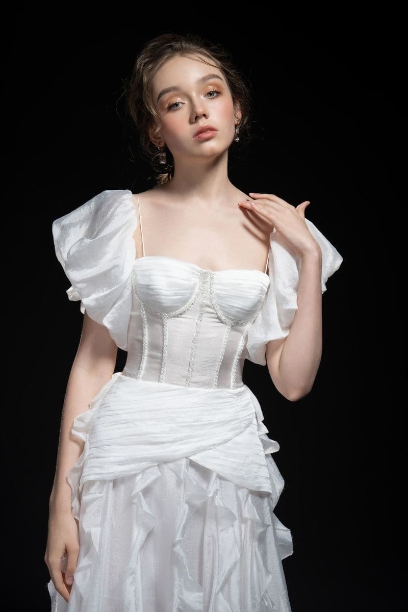 white dress with ruffles design Santiago Cut-Out Ruffle Maxi Dress White