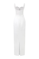 White Jensen crystal bodycon gown by 21Six, fitted dress with sparkling embellishments, shown on a model.