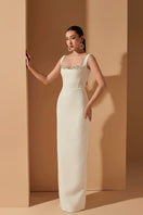 White Jensen crystal bodycon gown by 21Six, fitted dress with sparkling embellishments, sleeveless design, and elegant silhouette.