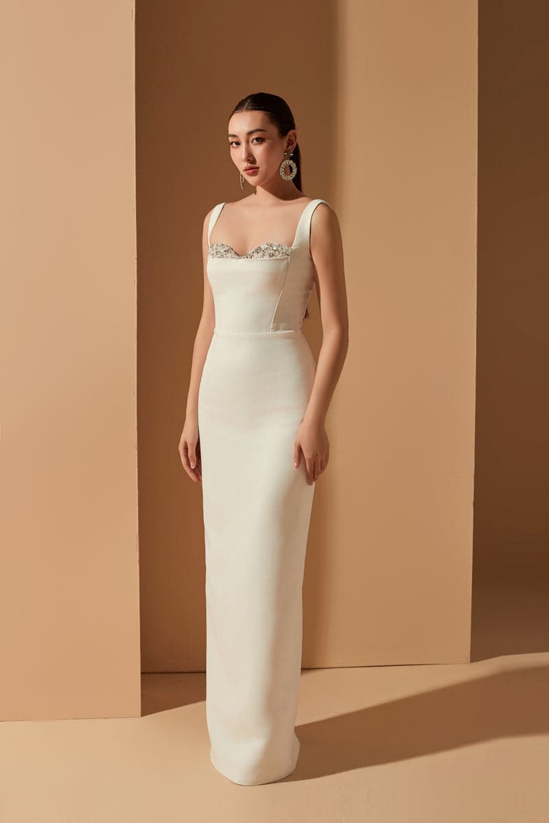 White Jensen crystal bodycon gown by 21Six, fitted dress with sparkling embellishments and a sleek, elegant silhouette.