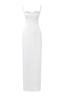 White Jensen crystal bodycon gown by 21Six, featuring a fitted silhouette and elegant design, shown on a model.