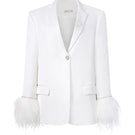 White Kiera taffeta feather blazer by 21Six, featuring a tailored fit and feather details, shown on a mannequin.