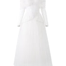 White Marilyn lace mixed tulle off-shoulder midi dress by 21Six, featuring elegant lace details and a flowing tulle design.