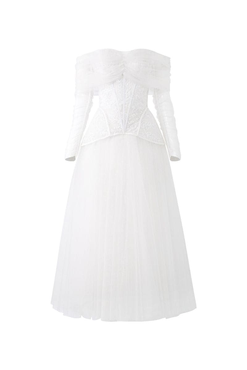 WHITE MARILYN LACE MIXED TULLE OFF SHOULDER MAXI DRESS | 21Six | CULT MIA