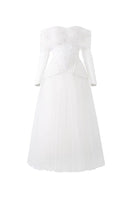 White Marilyn lace mixed tulle off-shoulder midi dress by 21Six, featuring elegant lace details and a flowing tulle design.