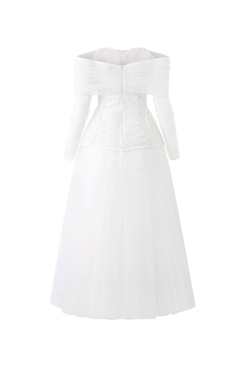 WHITE MARILYN LACE MIXED TULLE OFF SHOULDER MAXI DRESS | 21Six | CULT MIA