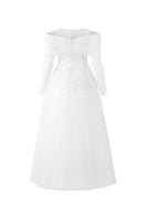 White Marilyn lace and tulle off-shoulder midi dress by 21Six, featuring a feminine design with lace accents and a flowing silhouette.