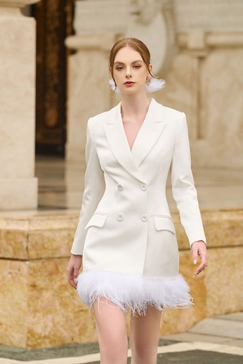 WHITE ROSA TAFFETA FEATHER BLAZER DRESS | 21Six | CULT MIA