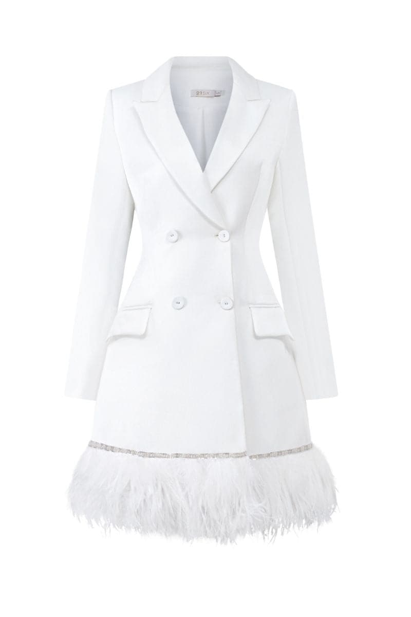 WHITE ROSA TAFFETA FEATHER BLAZER DRESS | 21Six | CULT MIA