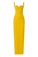 Yellow Jensen crystal bodycon gown by 21Six, close-up of fitted dress with sparkling embellishments and sleek design.