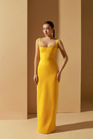 Yellow Jensen crystal bodycon gown by 21Six, featuring a fitted silhouette and elegant design, perfect for formal occasions.