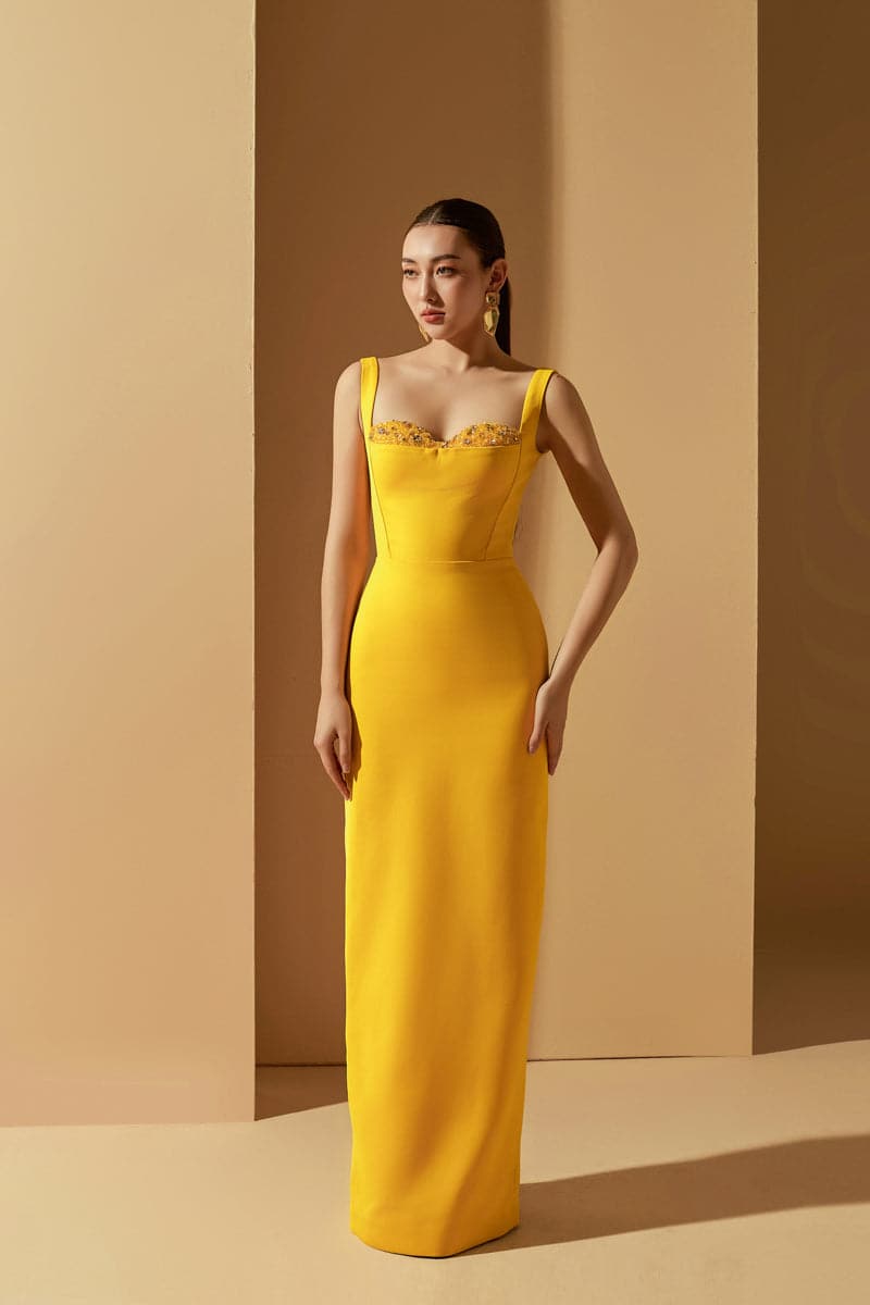 Yellow Jensen crystal bodycon gown by 21Six, featuring a fitted silhouette and elegant design, perfect for formal occasions.