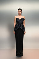 Black Reem Silk Taffeta gown by 21Six, elegant evening dress with flowing fabric and classic silhouette.