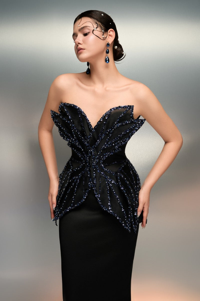 Black REEM Silk Taffeta gown by 21Six, showcasing elegant fabric and classic design with a fitted silhouette.