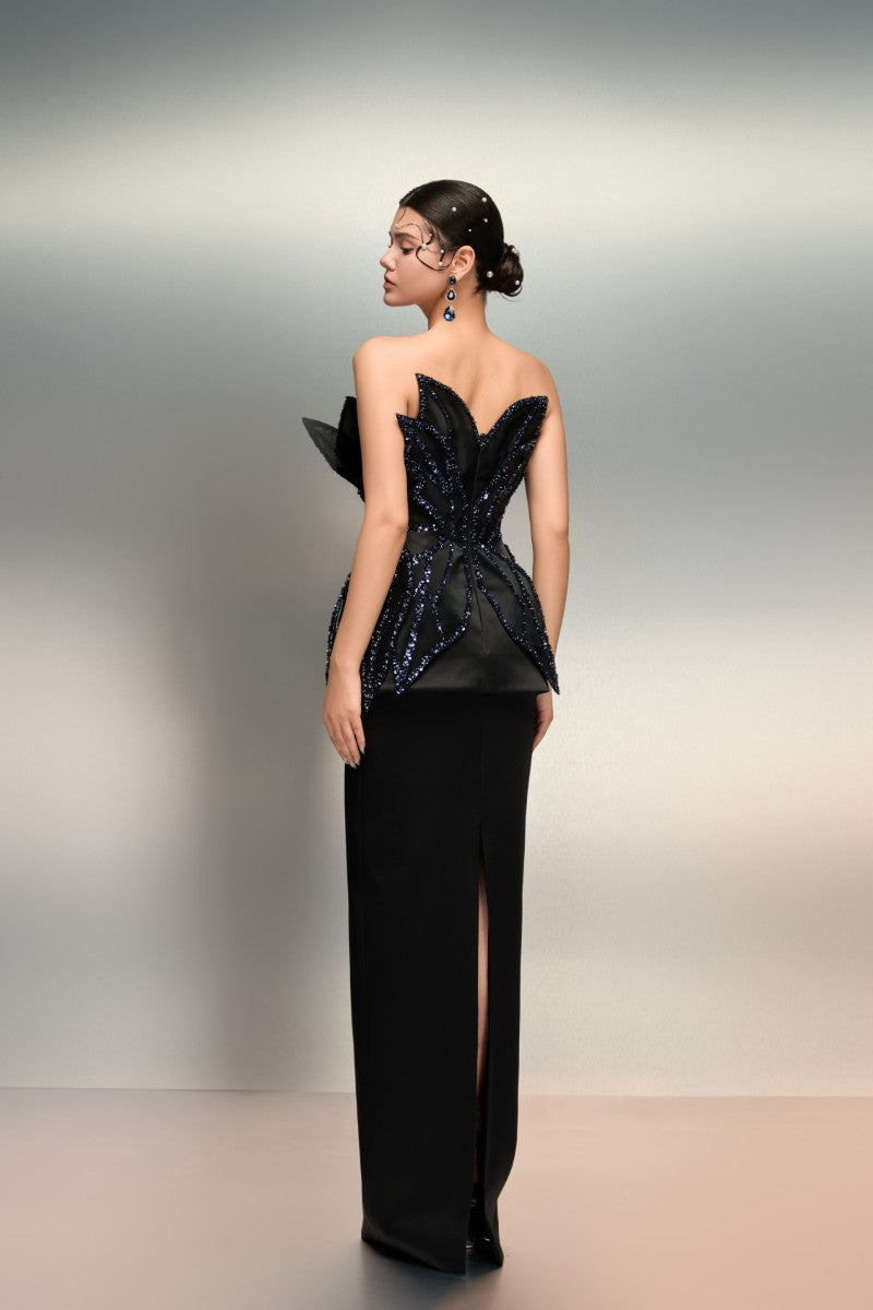 Black REEM Silk Taffeta gown by 21Six, elegant evening dress with a smooth silk taffeta fabric, displayed on a mannequin.