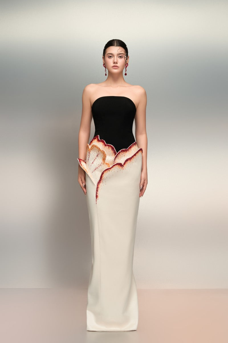 Elegant SHAMSA crepe and silk taffeta gown in white and black by 21Six, featuring a flowing silhouette and sophisticated design.