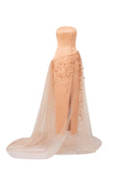 Elegant Sabina silk taffeta gown with floral design from 21Six, featuring a flowing silhouette and intricate fabric details.