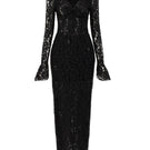 Black Avery floral lace cut-out midi dress by 21Six, featuring intricate lace details and stylish cut-outs.