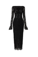 Black Avery floral lace cut-out midi dress by 21Six, featuring intricate lace details and stylish cut-outs.