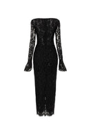 Black Avery floral lace cut-out midi dress by 21Six featuring intricate lace details and stylish cut-outs on the dress.