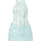 Aqua Aurelía lace mini dress by 21Six, featuring intricate lace details and a fitted silhouette, perfect for stylish occasions.