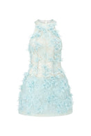 Aqua Aurelía lace mini dress by 21Six, featuring intricate lace details and a fitted silhouette, perfect for stylish occasions.